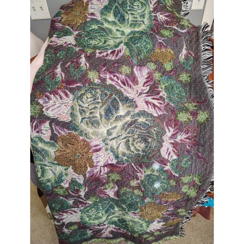 Vintage Large Floral Design Fringed Woven Citton Tapestry Throw Blanket 49x54